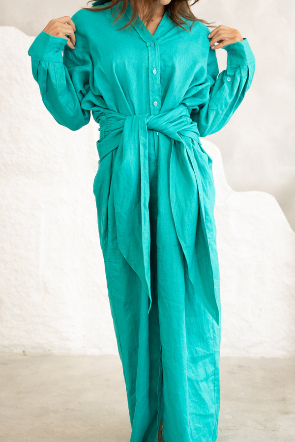 Linen Luxe Wrap Dress - Green