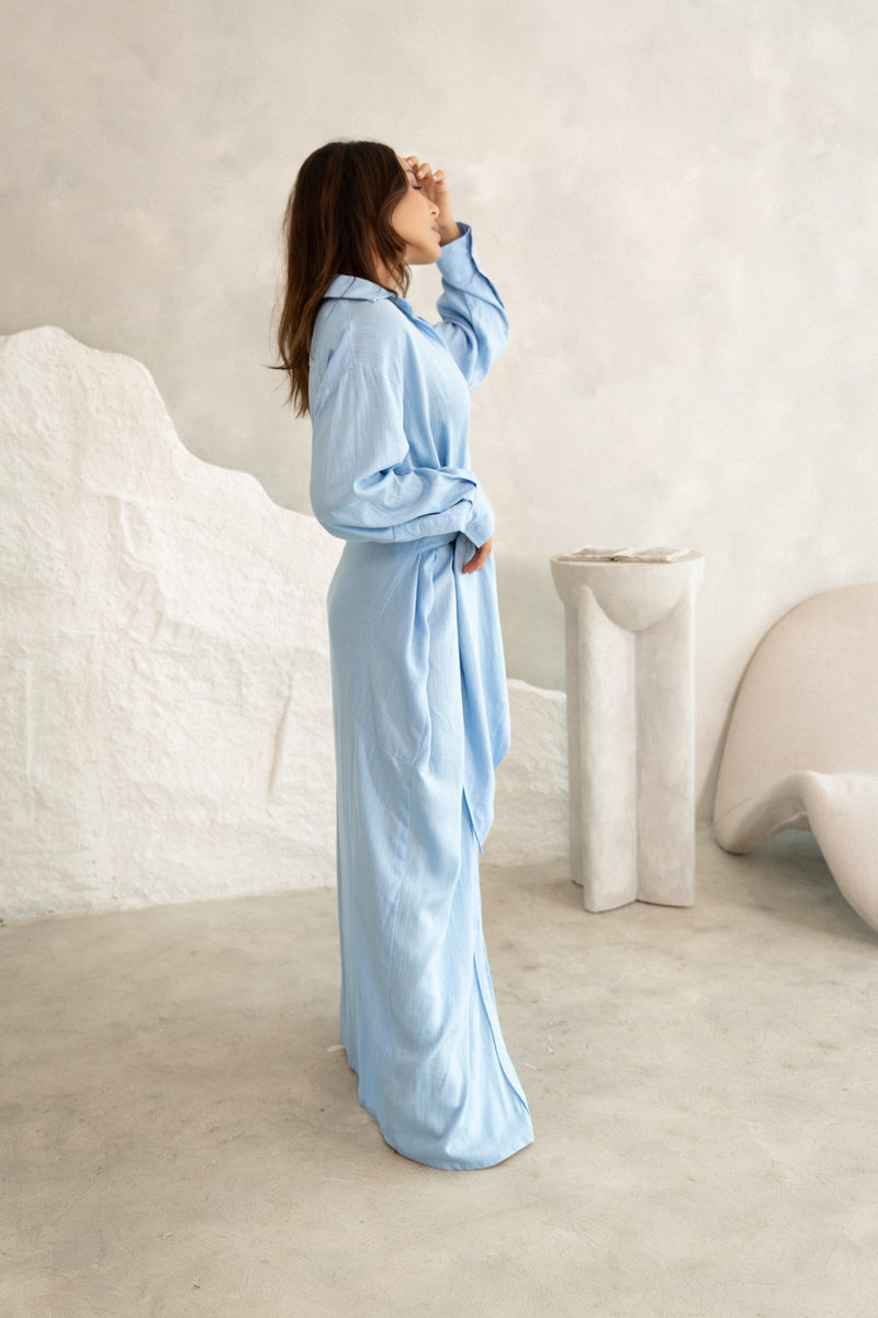 Linen Luxe Wrap Dress - Blue
