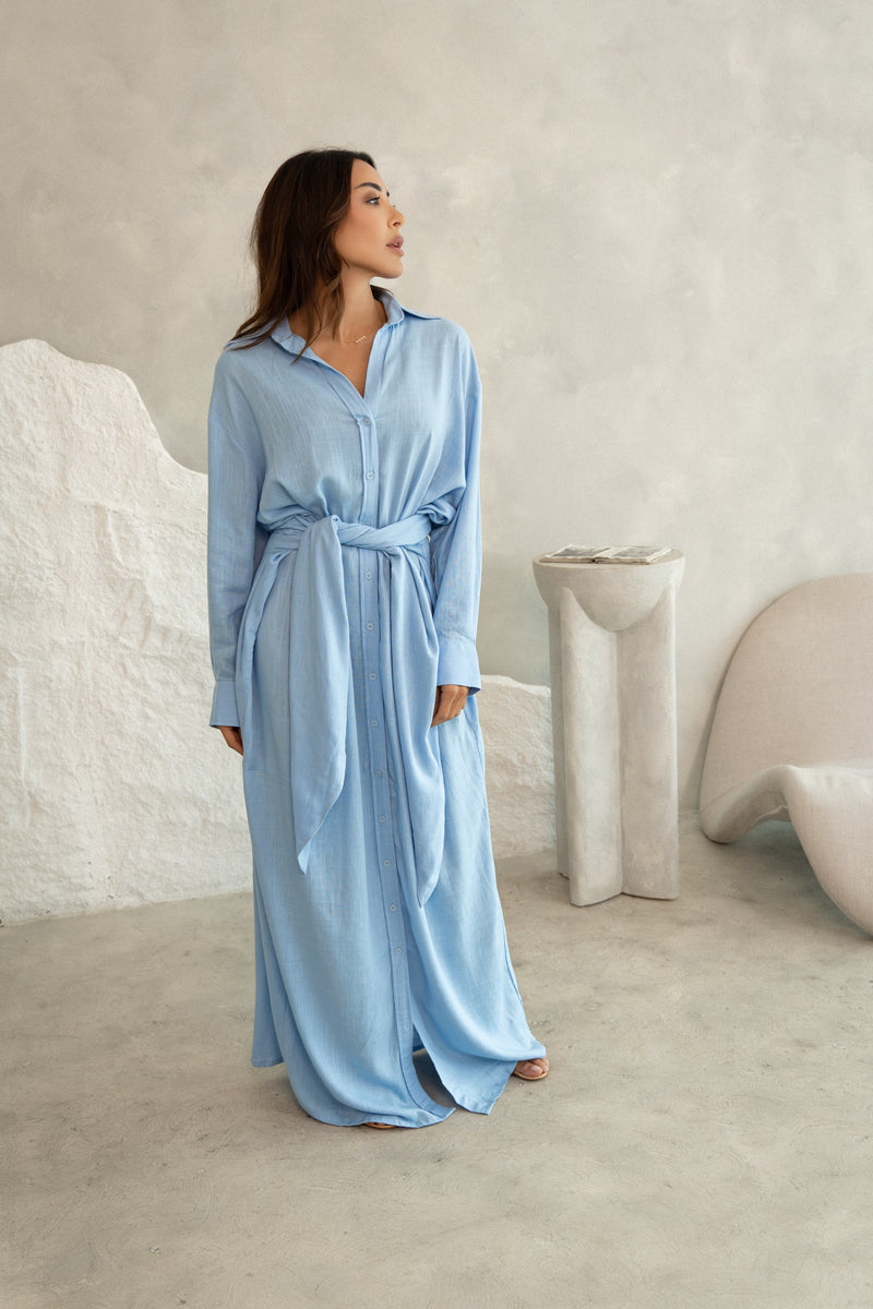 Linen Luxe Wrap Dress - Blue