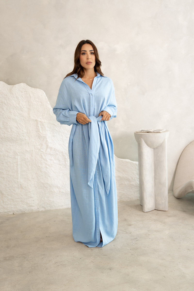 Linen Luxe Wrap Dress - Blue