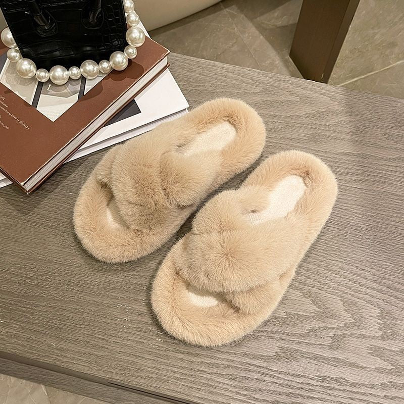 Cross Strap Fluffy Slippers - Nude
