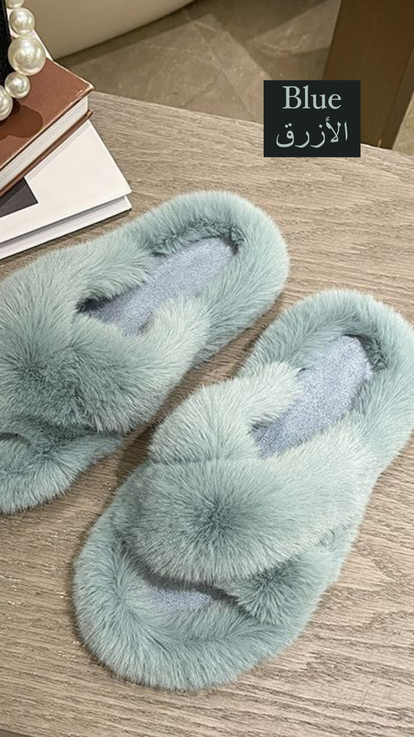 Cross Strap Fluffy Slippers - Blue