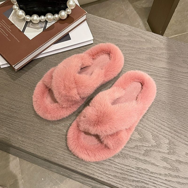 Cross Strap Fluffy Slippers - Pink