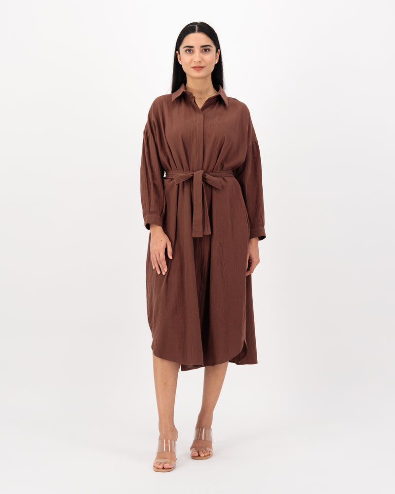 Yalda Long Sleeve Midi Shirt Dress - Brown