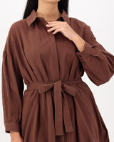 Yalda Long Sleeve Midi Shirt Dress - Brown